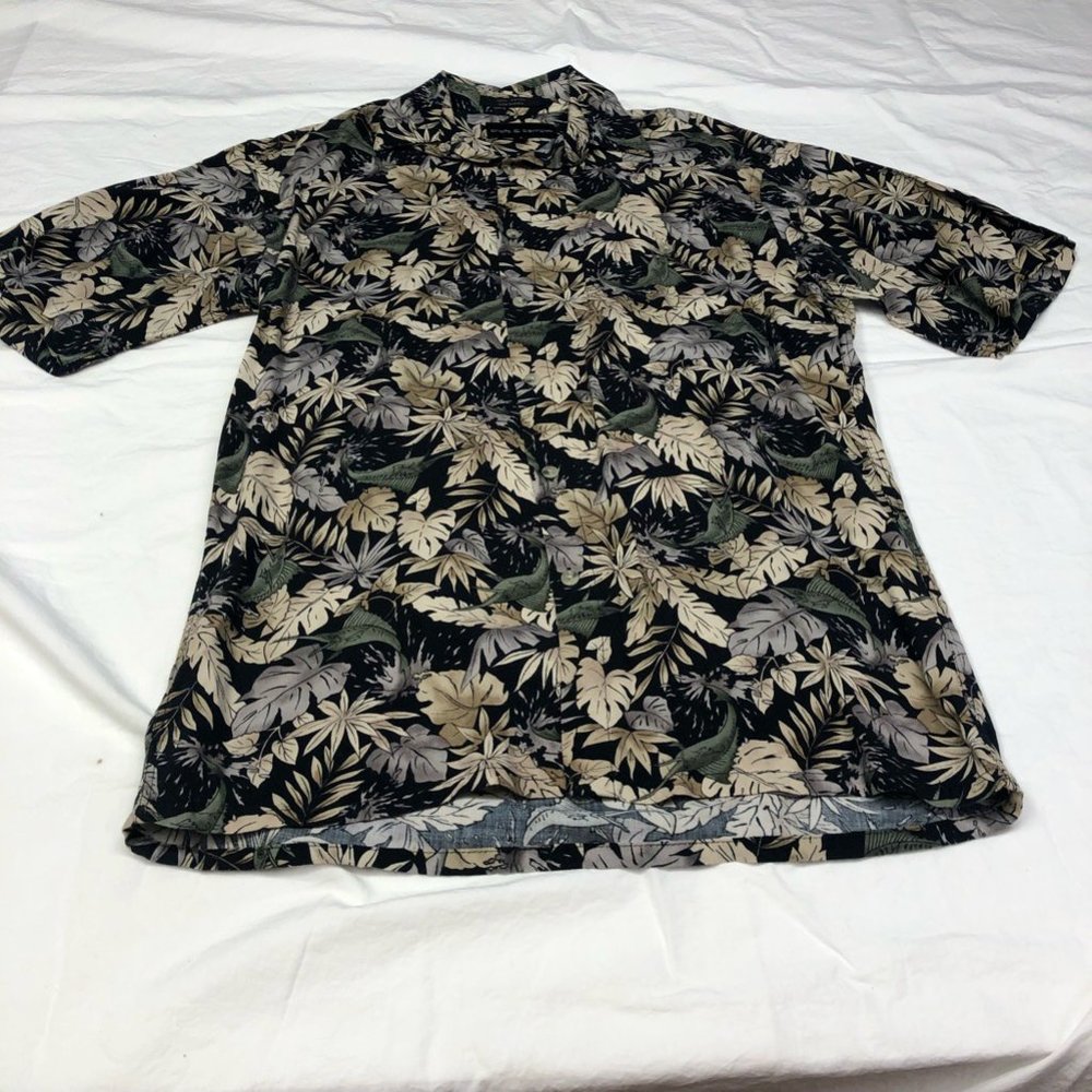 Croft & Barrow Mens Hawaiian Shirt Black Beige Leaves Short Sleeve Pocket S